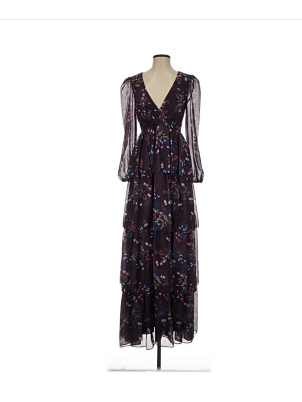 IEENA for Mac Duggal Floral Maxi Dress Womens Sz 4 Black Boho Tiered Prairie Fae